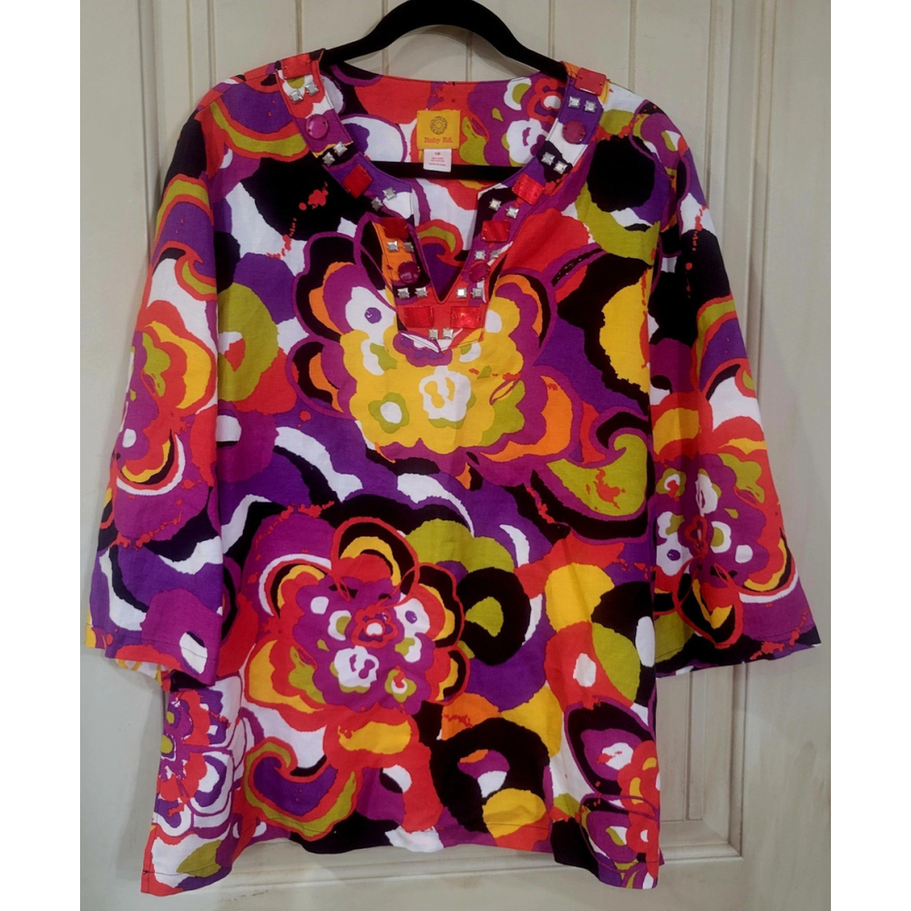 Ruby Rd Linen Blend Vibrant Floral Tunic Size 16 Beaded Neckline Resort Wear